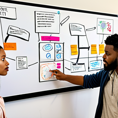 Home 4 **
A team of diverse people huddled around a whiteboard covered in sticky notes, sketches, and user feedback. One person points to a user journey map. The scene is brightly lit and conveys collaboration and rapid iteration. The style is modern and clean.
**