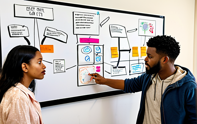 **

A team of diverse people huddled around a whiteboard covered in sticky notes, sketches, and user feedback. One person points to a user journey map. The scene is brightly lit and conveys collaboration and rapid iteration. The style is modern and clean.

**